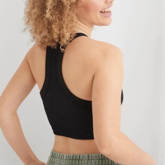 Sz S Aerie Superchill Seamless High Neck Bra Top Black Ribbed Crop Top - Picture 2 of 2